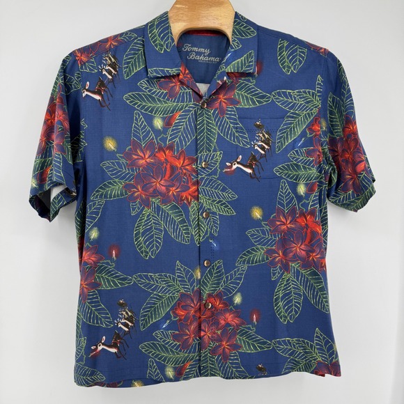 Tommy Bahama Silk Shirt Men XL Blue Christmas Reindeer Tropical Floral Camp 8298 - Picture 2 of 7